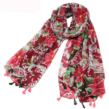 New arrival women tassel scarf red flowers printed scarf shawl wholesale viscose fabric scarf